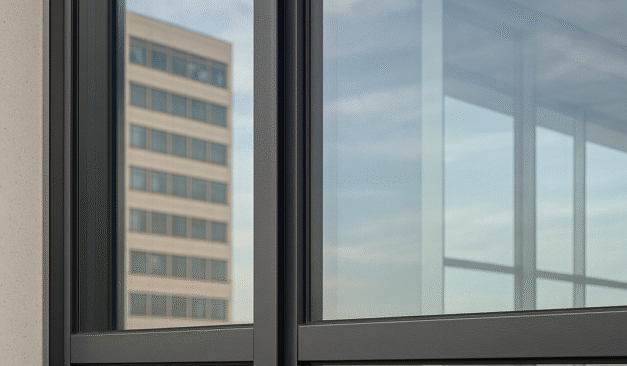 Close-up of a commercial window mullion system during structural inspection