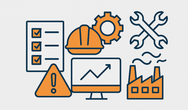 Flat design illustration of industrial safety and process hazard analysis icons, featuring a checklist, hard hat, warning triangle, gear, computer with line graph, crossed wrenches, and a factory.