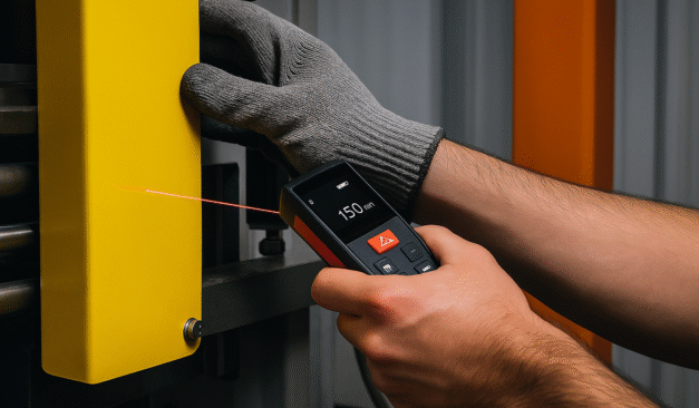 Engineer using safeguarding devices with safe distance evaluation to ensure compliance with Ontario machine safety standards.