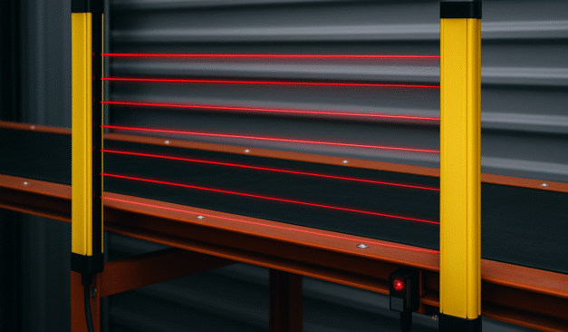 Close-up of an industrial light curtain safety system installed on a conveyor to protect workers from hazardous machine zones.