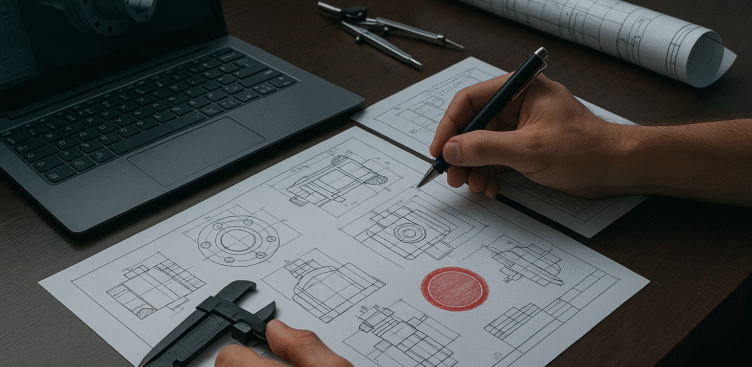 Engineer reviewing mechanical drawings and measurements at a workstation as part of Ontario engineering compliance and sign-and-seal preparation.
