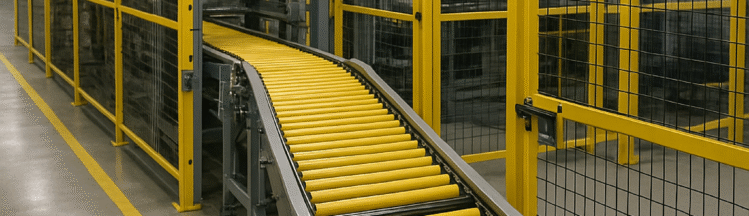 Conveyor system with fixed yellow safety guarding in an industrial manufacturing facility