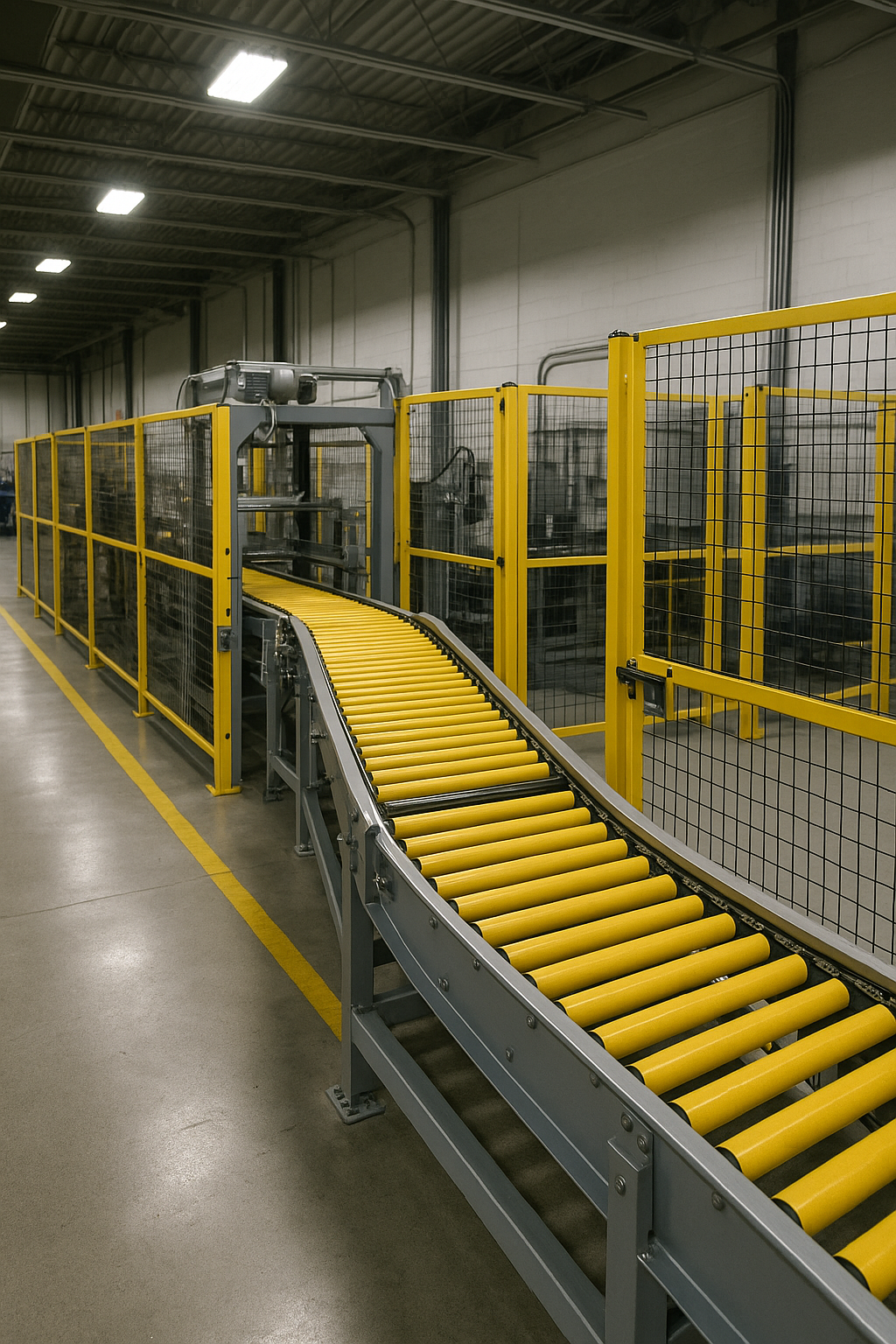 Conveyor system with fixed yellow safety guarding in an industrial manufacturing facility