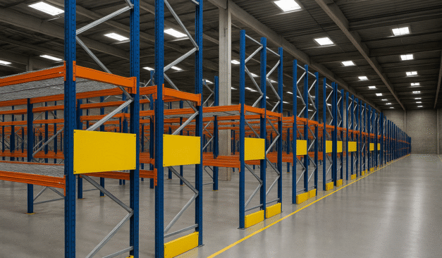 Industrial pallet racking system with blue uprights and orange beams in an Ontario warehouse, featuring blank yellow load signage for safety compliance.