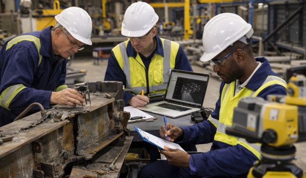 Forensic engineers inspecting failed steel beam in industrial facility during structural failure investigation in Ontario