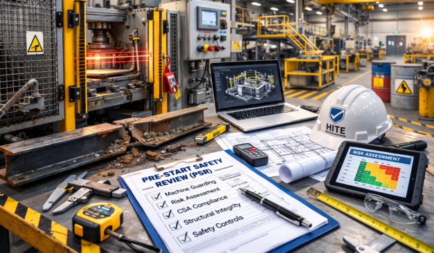 Industrial machinery with safeguarding, safety fencing, and PSR compliance documentation inside Ontario manufacturing facility