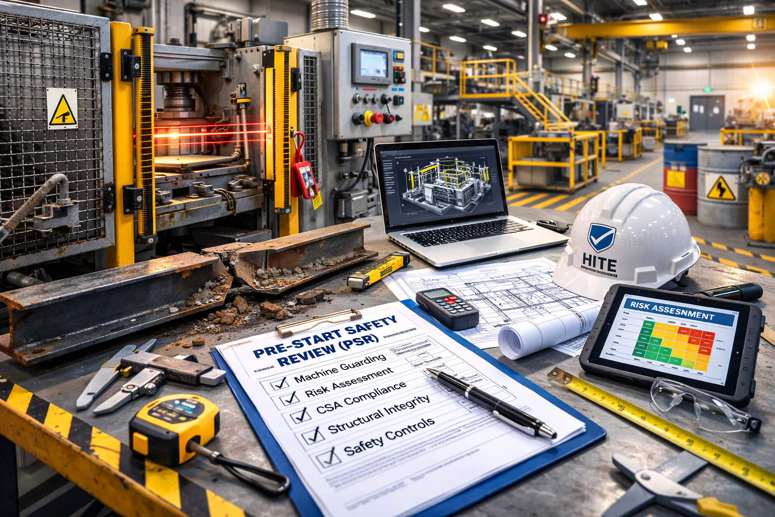 Industrial machinery with safeguarding, safety fencing, and PSR compliance documentation inside Ontario manufacturing facility