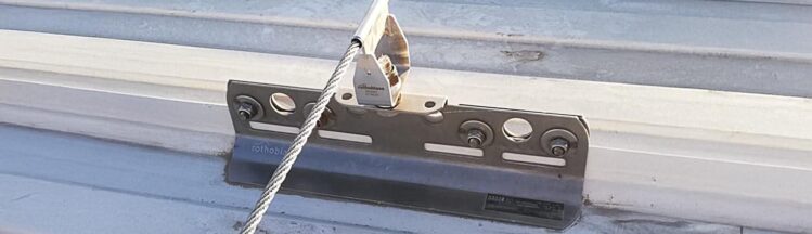 Industrial rooftop fall protection system with anchors, guardrails, and ladder access in Ontario commercial facility