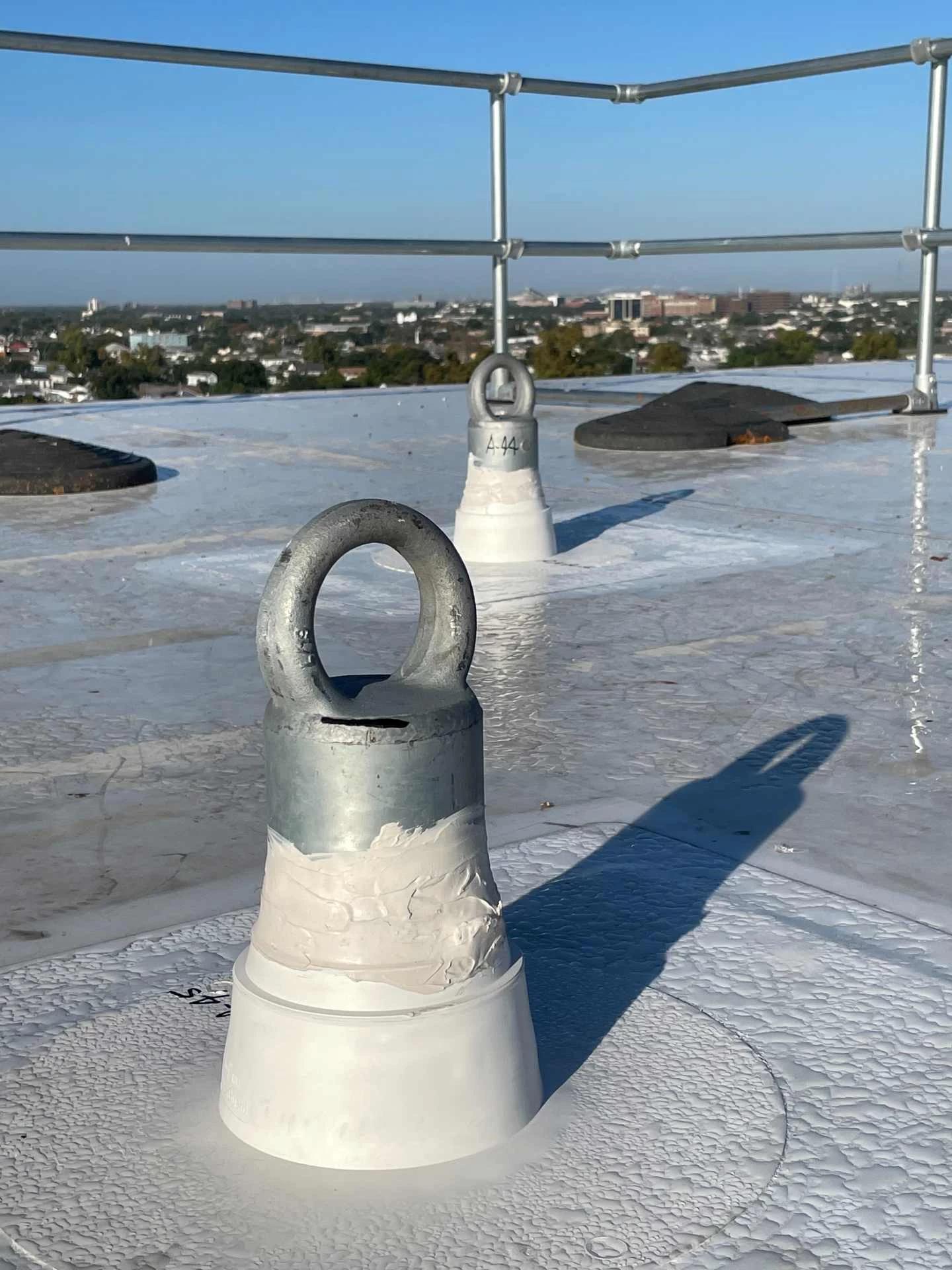Roof anchor fall protection system installed on industrial rooftop in Ontario for safety and compliance inspections