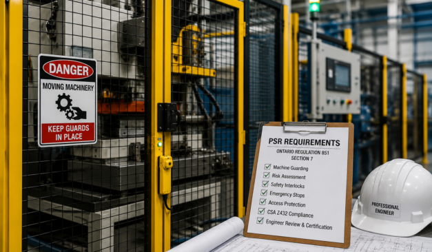 Industrial machine guarding system with safety fencing and automated manufacturing equipment requiring PSR compliance review under Ontario Regulation 851