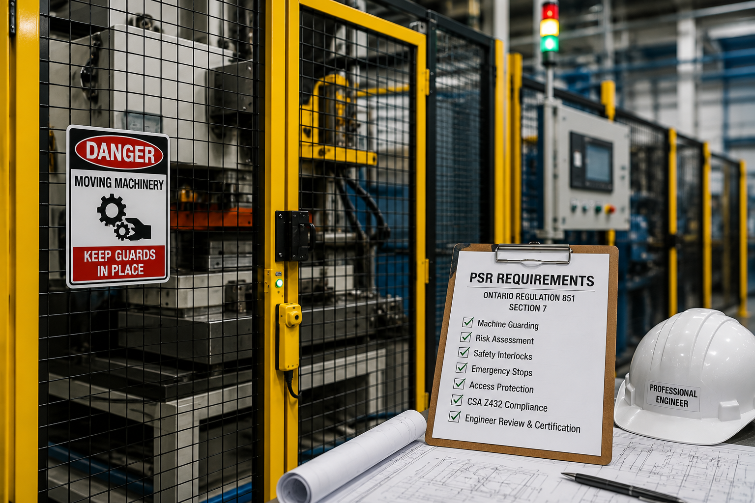 Industrial machine guarding system with safety fencing and automated manufacturing equipment requiring PSR compliance review under Ontario Regulation 851