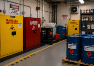 Industrial flammable liquid storage room with approved safety cabinets and chemical drums requiring PSR compliance under Ontario Regulation 851