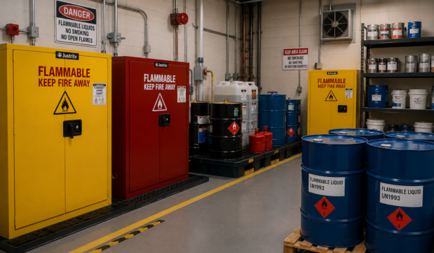 Industrial flammable liquid storage room with approved safety cabinets and chemical drums requiring PSR compliance under Ontario Regulation 851