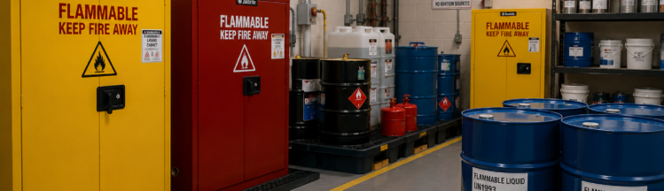 Industrial flammable liquid storage room with approved safety cabinets and chemical drums requiring PSR compliance under Ontario Regulation 851