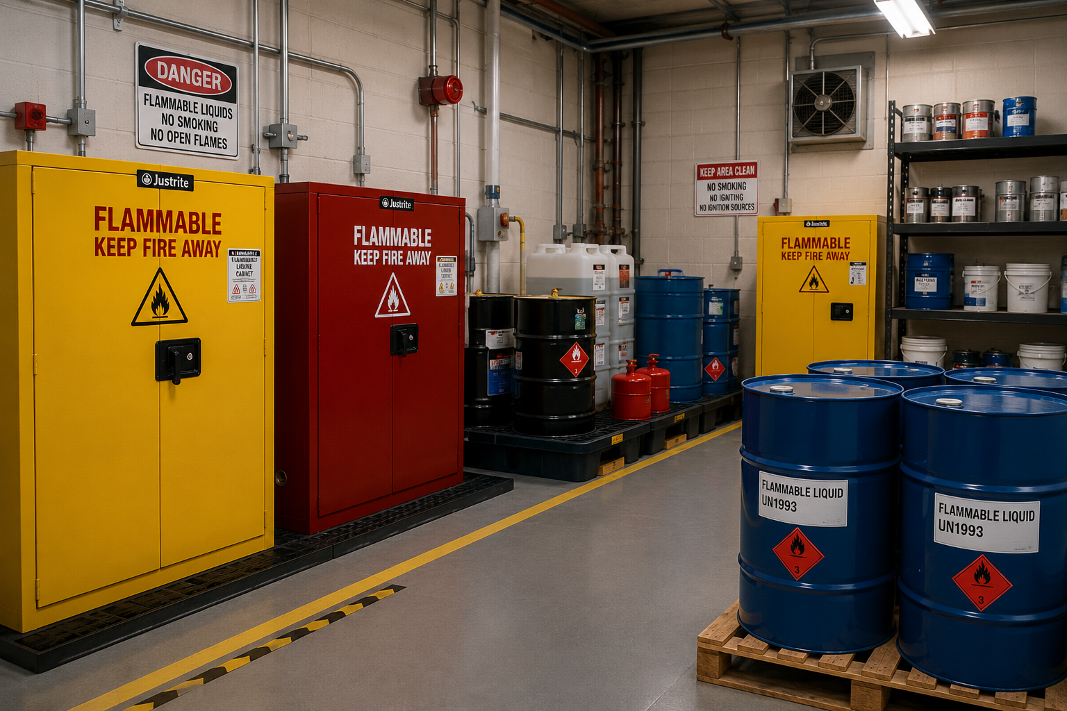Industrial flammable liquid storage room with approved safety cabinets and chemical drums requiring PSR compliance under Ontario Regulation 851