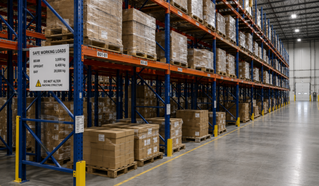 Industrial warehouse pallet racking system requiring engineering review under Ontario Regulation 851 and CSA A344