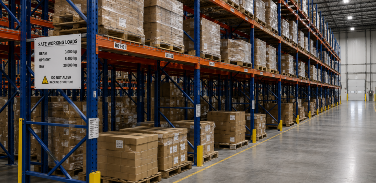 Industrial warehouse pallet racking system requiring engineering review under Ontario Regulation 851 and CSA A344