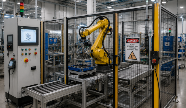 Industrial robotic automation cell with machine guarding requiring engineering review under Ontario Regulation 851 and CSA Z434