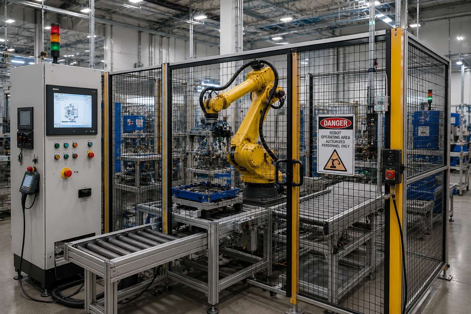 Industrial robotic automation cell with machine guarding requiring engineering review under Ontario Regulation 851 and CSA Z434